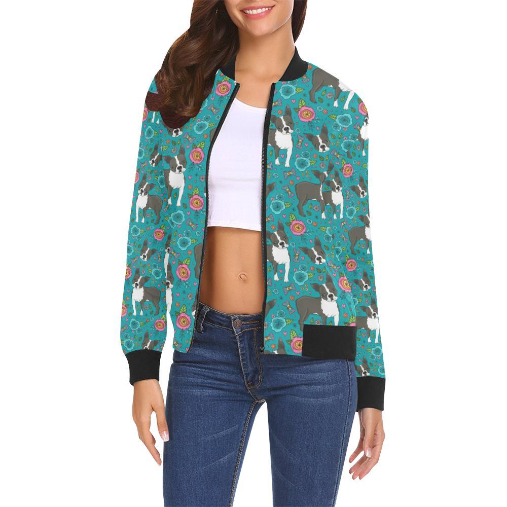 Flower Boston Terrier Pattern Print Women Casual Bomber Jacket-grizzshop