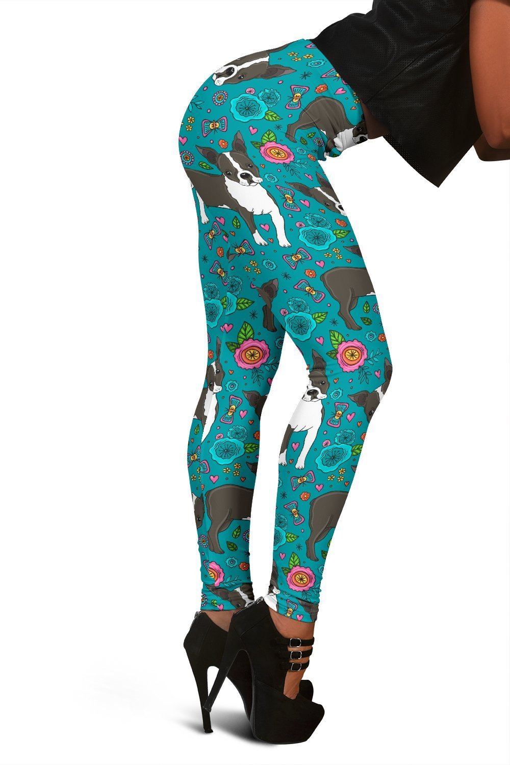 Flower Boston Terrier Pattern Print Women Leggings-grizzshop