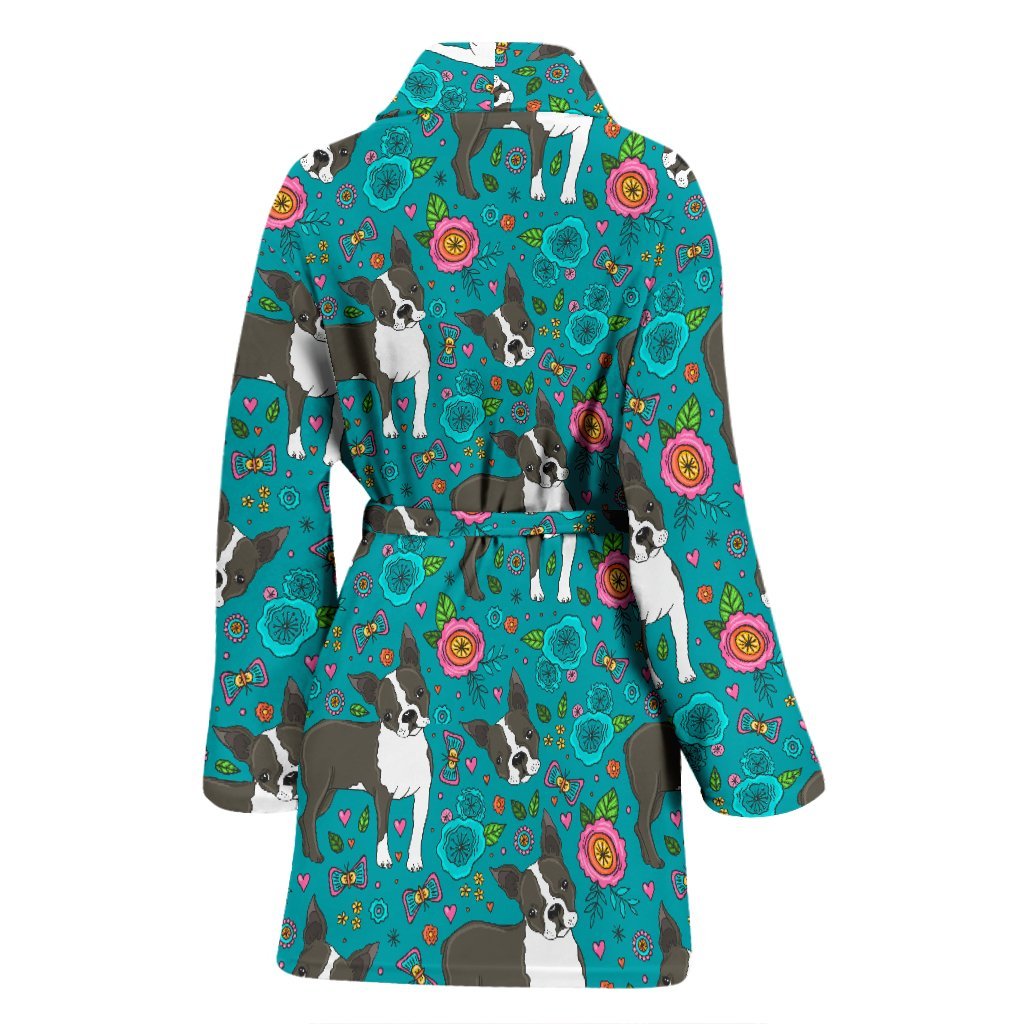 Flower Boston Terrier Pattern Print Women Long Robe-grizzshop