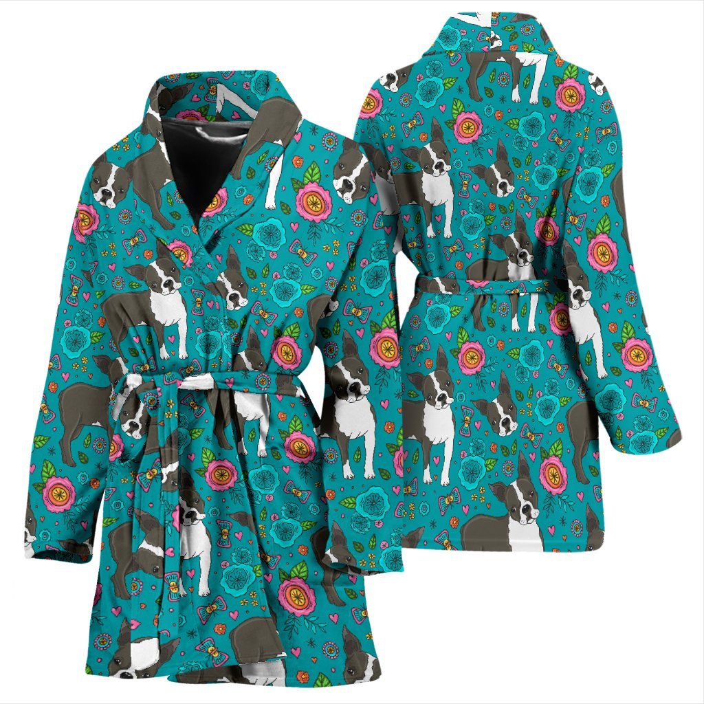 Flower Boston Terrier Pattern Print Women Long Robe-grizzshop