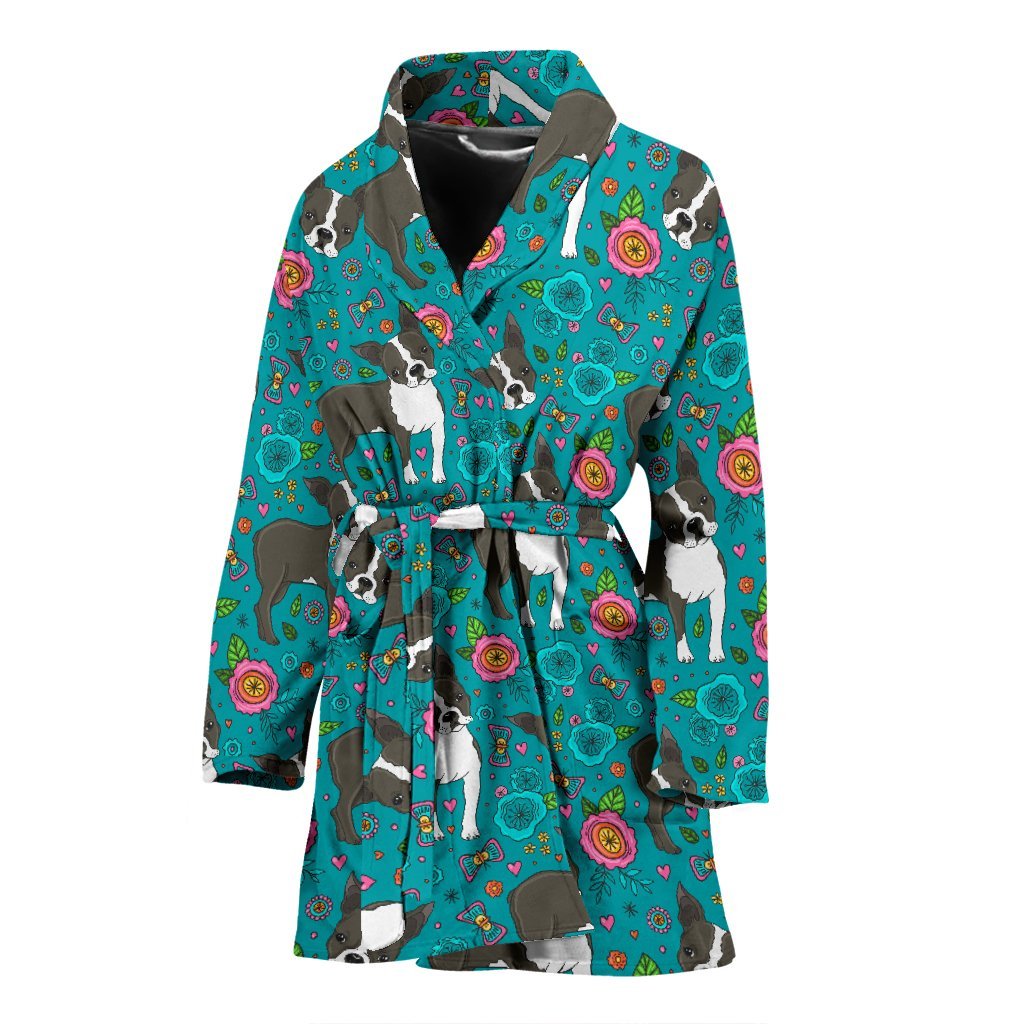 Flower Boston Terrier Pattern Print Women Long Robe-grizzshop