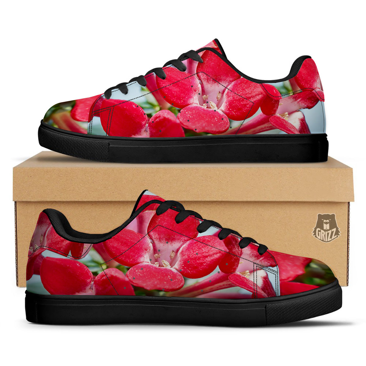 Flower Bouvardia Print Black Low Top Sneakers-grizzshop