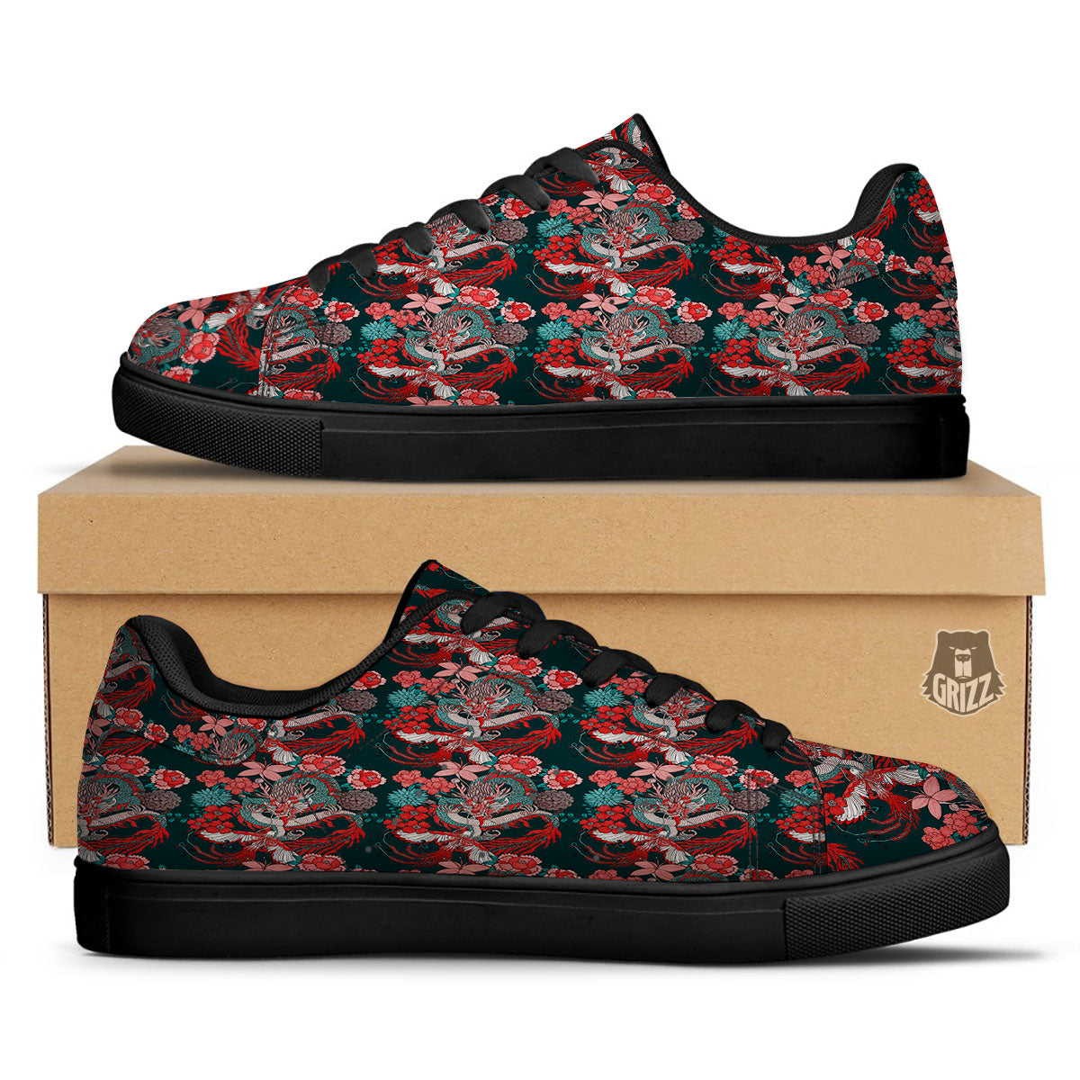 Flower Chinese Dragon Print Pattern Black Low Top Sneakers-grizzshop