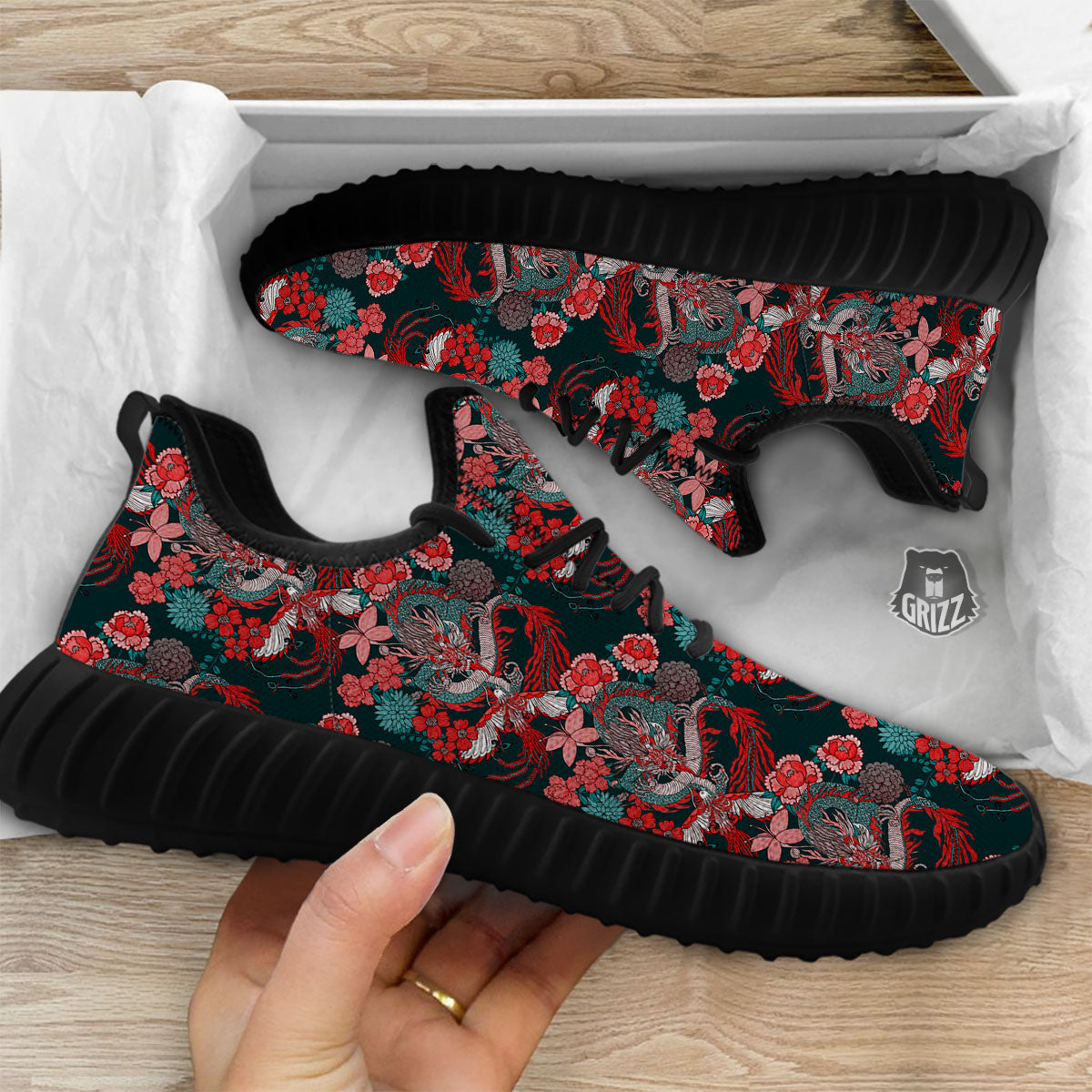 Flower Chinese Dragon Print Pattern Black Walking Shoes-grizzshop