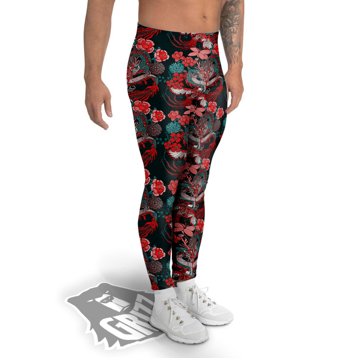 Flower Chinese Dragon Print Pattern Men's Leggings-grizzshop