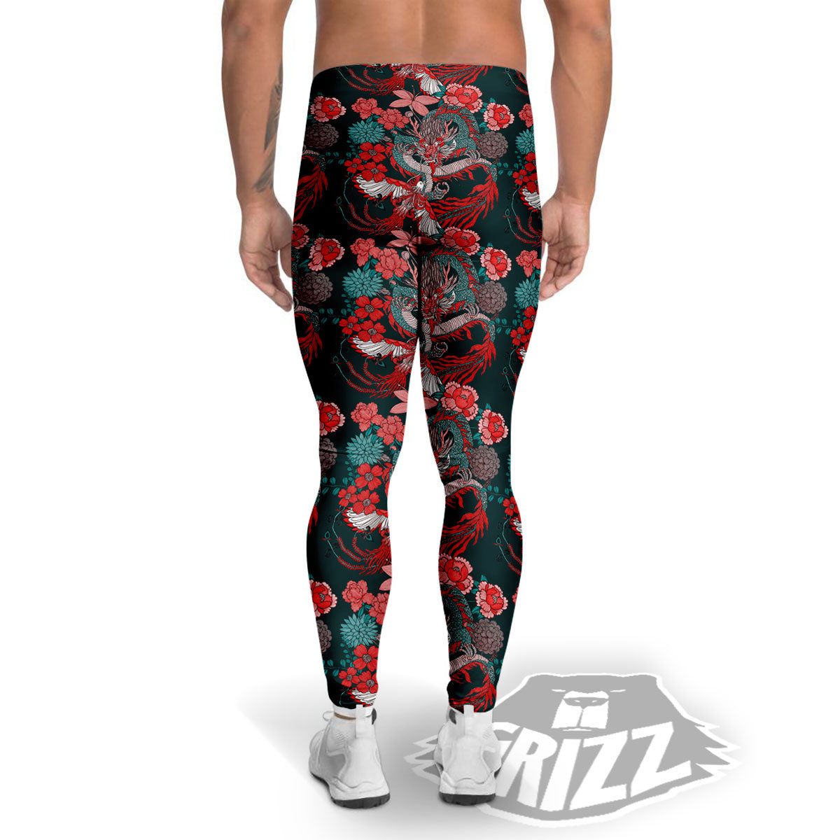 Flower Chinese Dragon Print Pattern Men's Leggings-grizzshop