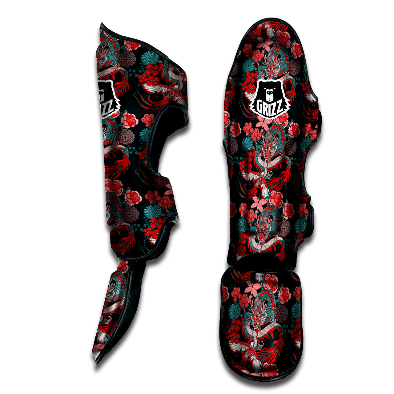 Flower Chinese Dragon Print Pattern Muay Thai Shin Guards-grizzshop