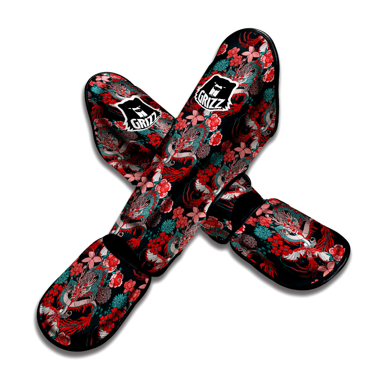 Flower Chinese Dragon Print Pattern Muay Thai Shin Guards-grizzshop