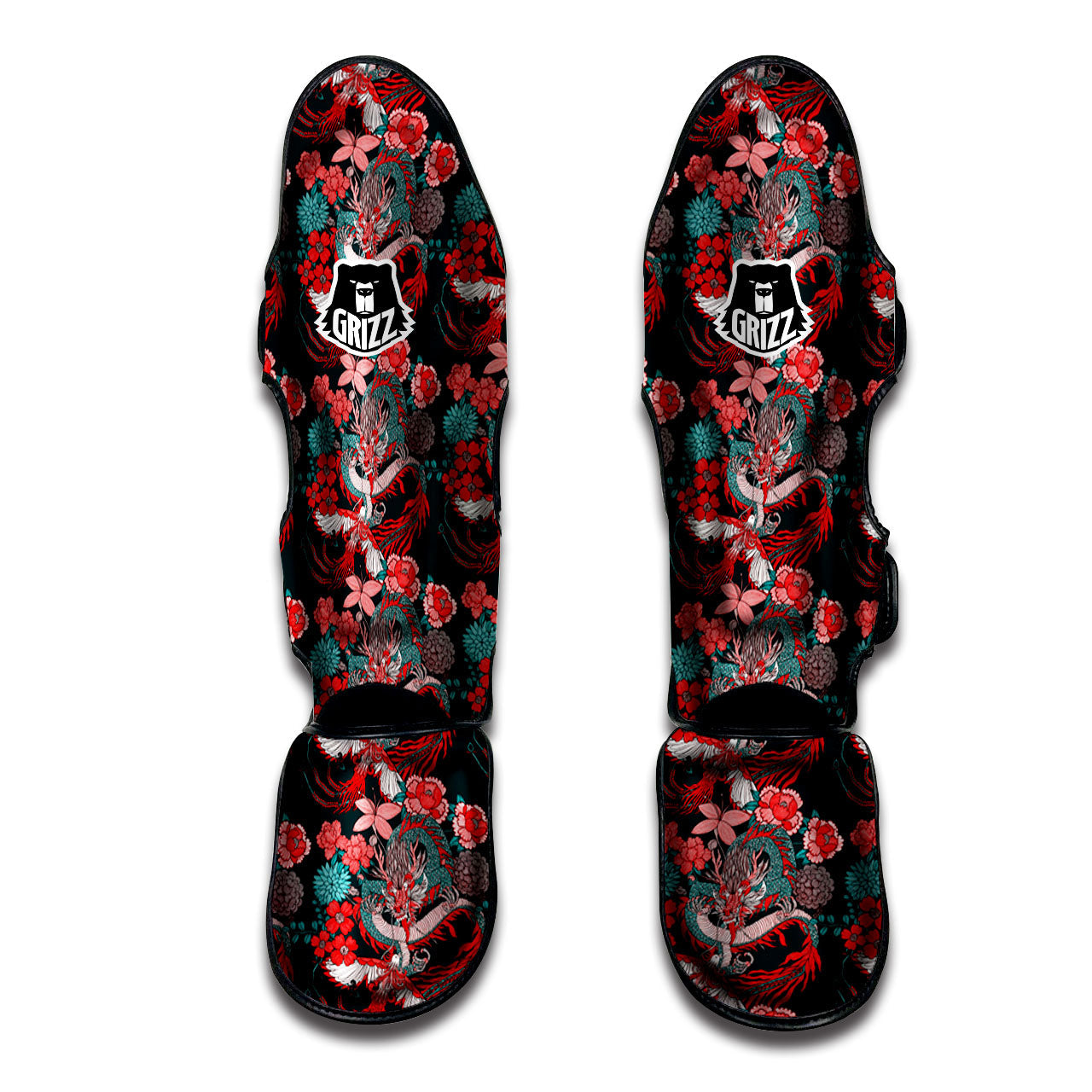 Flower Chinese Dragon Print Pattern Muay Thai Shin Guards-grizzshop