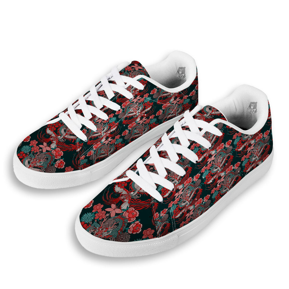 Flower Chinese Dragon Print Pattern White Low Top Sneakers-grizzshop