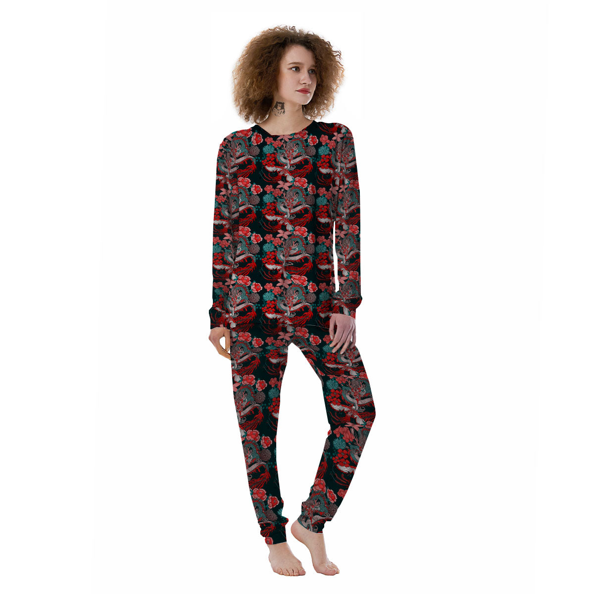 Flower Chinese Dragon Print Pattern Women's Pajamas-grizzshop