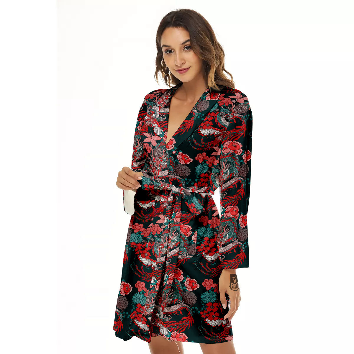 Flower Chinese Dragon Print Pattern Women's Robe-grizzshop