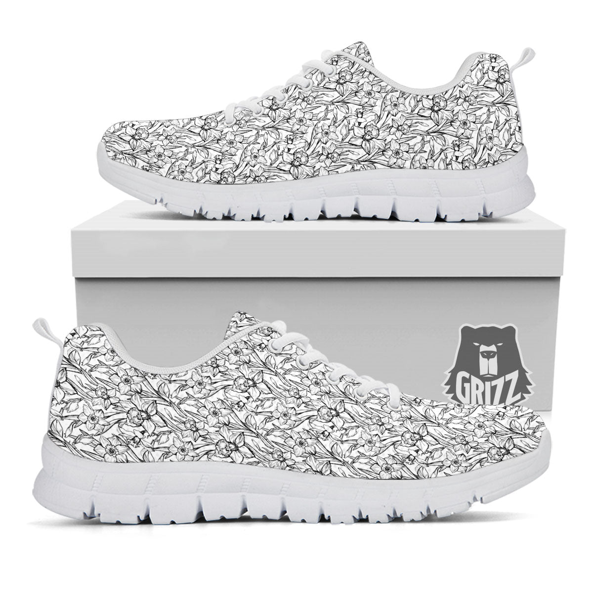 Flower Daffodil Drawing Print Pattern White Sneaker-grizzshop