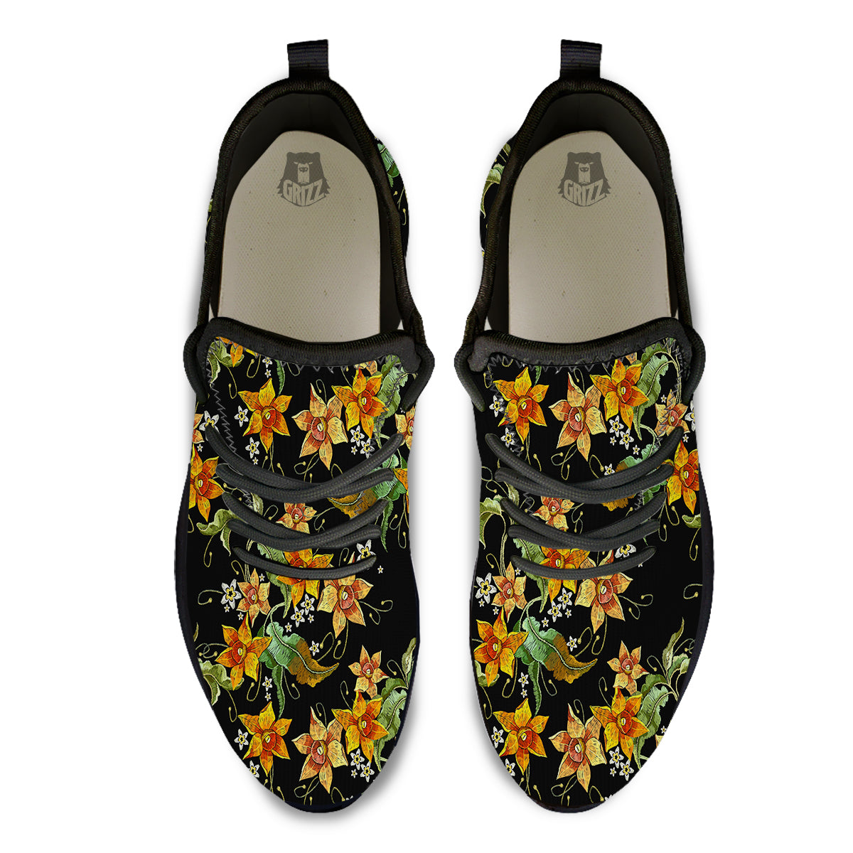 Flower Daffodil Vintage Print Pattern Black Athletic Shoes-grizzshop