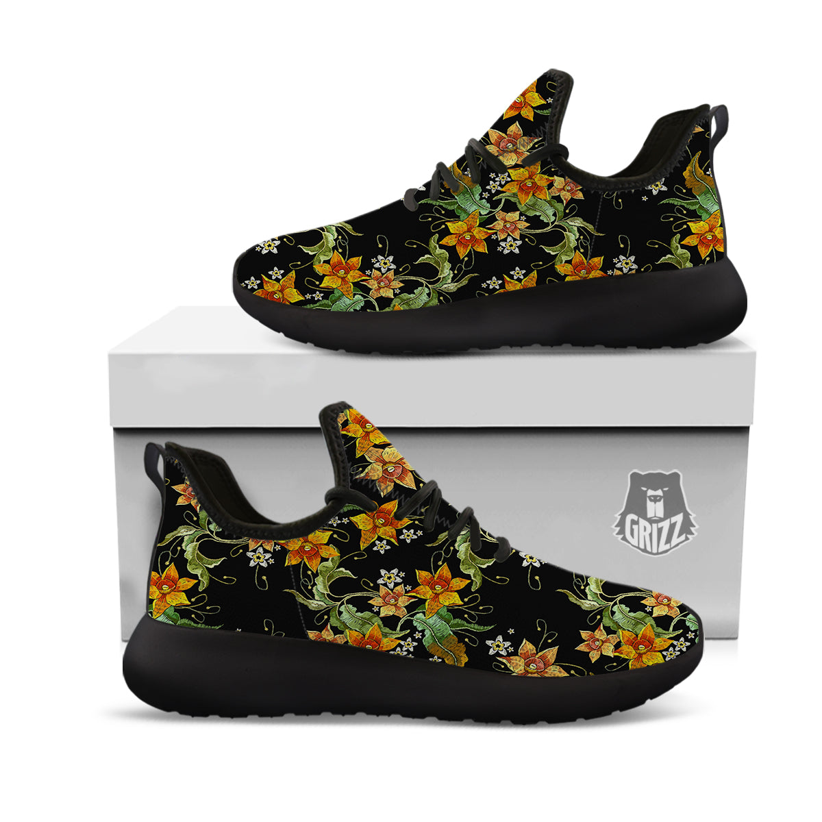 Flower Daffodil Vintage Print Pattern Black Athletic Shoes-grizzshop