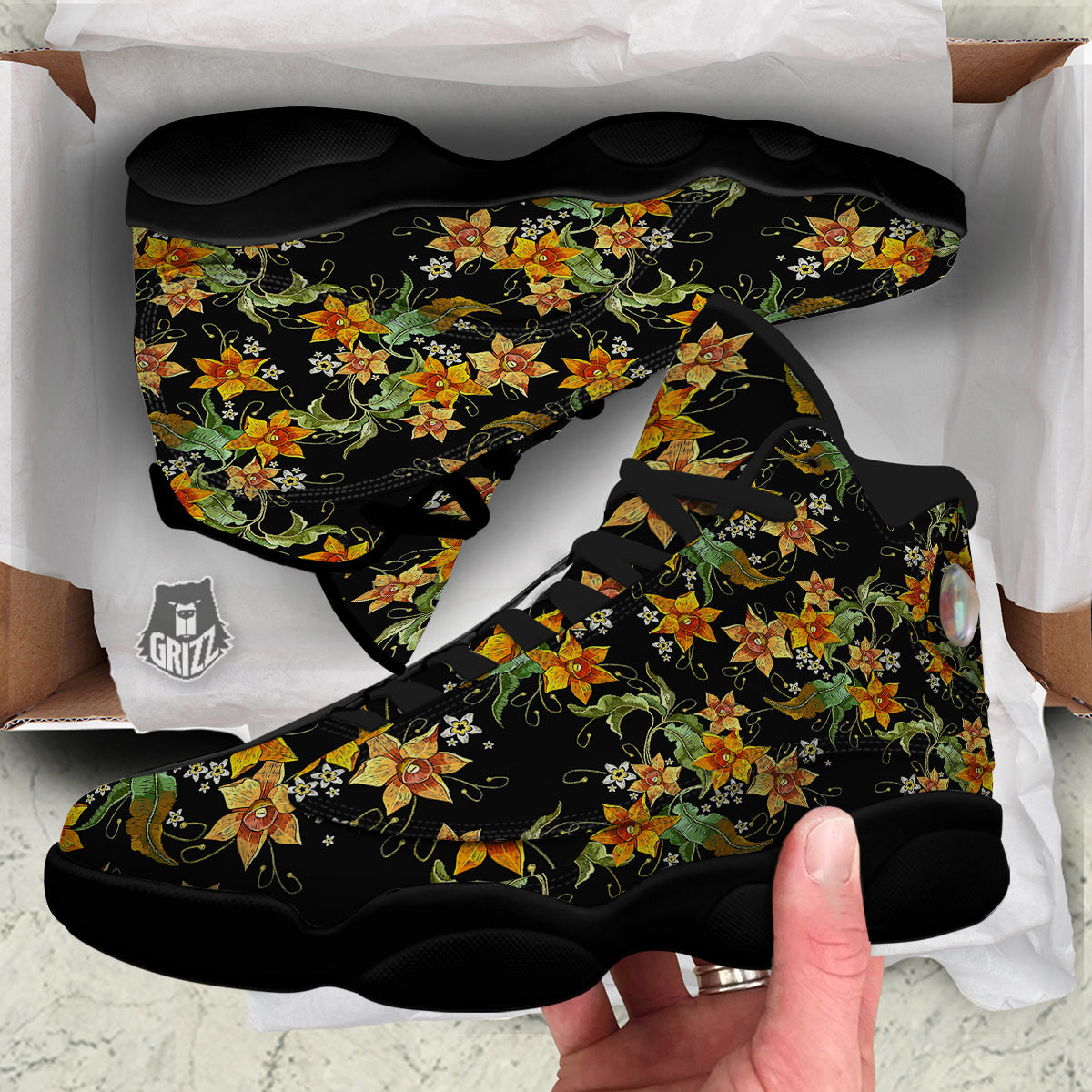 Flower Daffodil Vintage Print Pattern Black Basketball Shoes-grizzshop