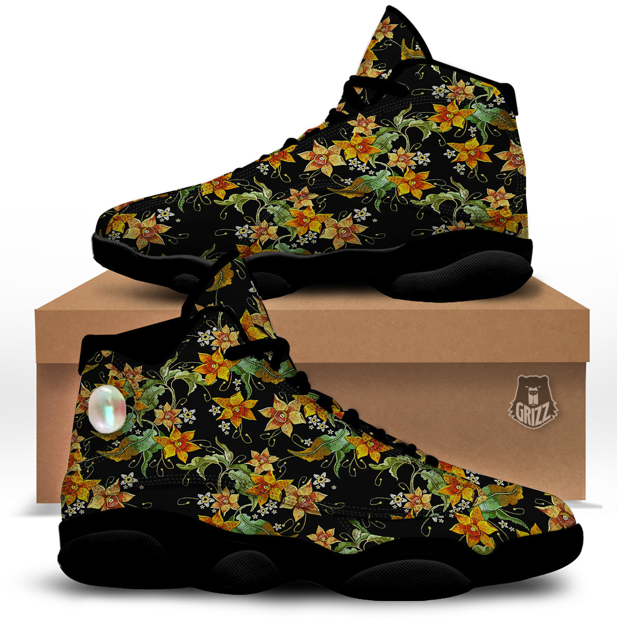 Flower Daffodil Vintage Print Pattern Black Basketball Shoes-grizzshop
