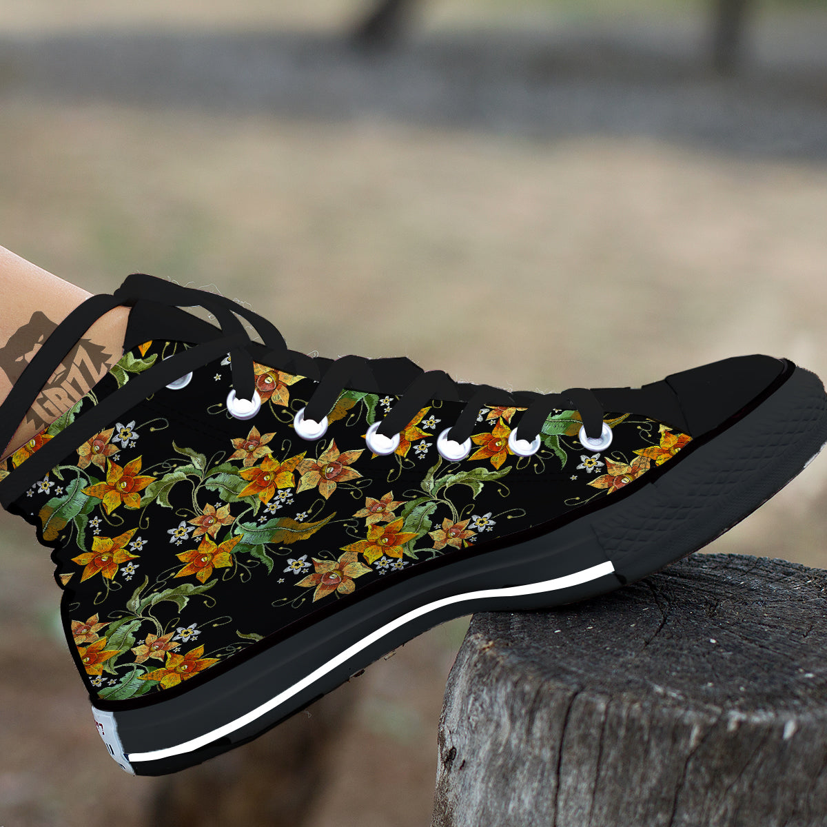 Flower Daffodil Vintage Print Pattern Black High Top Shoes-grizzshop