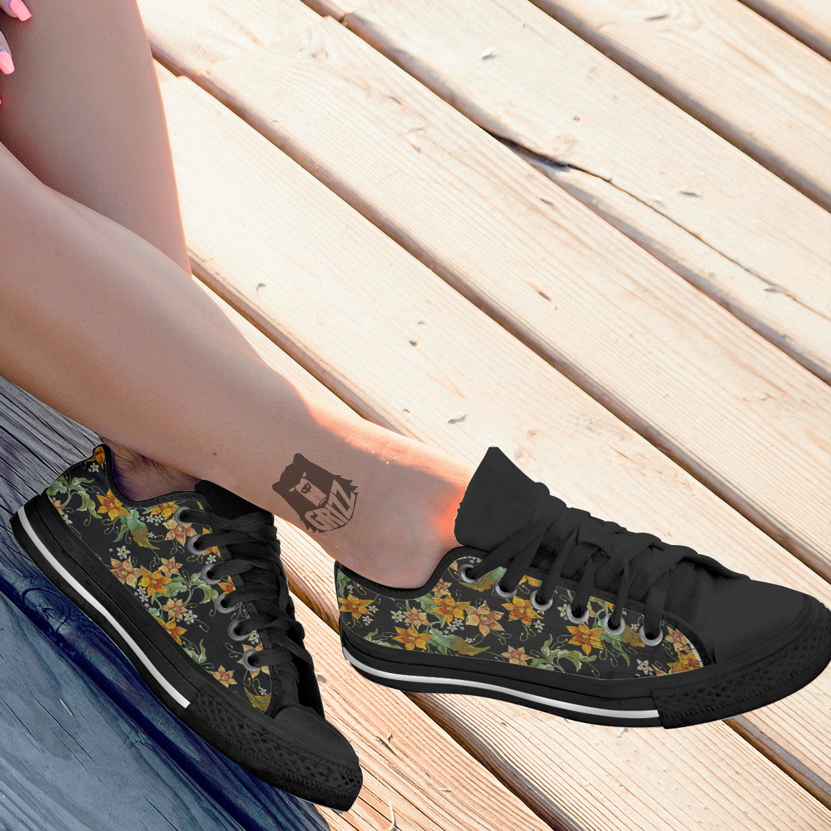 Flower Daffodil Vintage Print Pattern Black Low Top Shoes-grizzshop