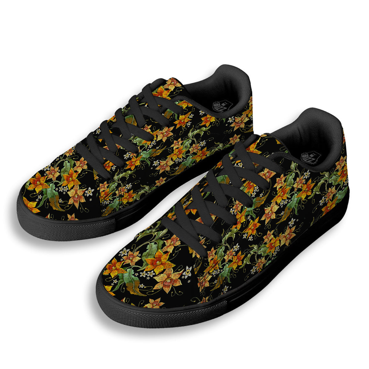 Flower Daffodil Vintage Print Pattern Black Low Top Sneakers-grizzshop