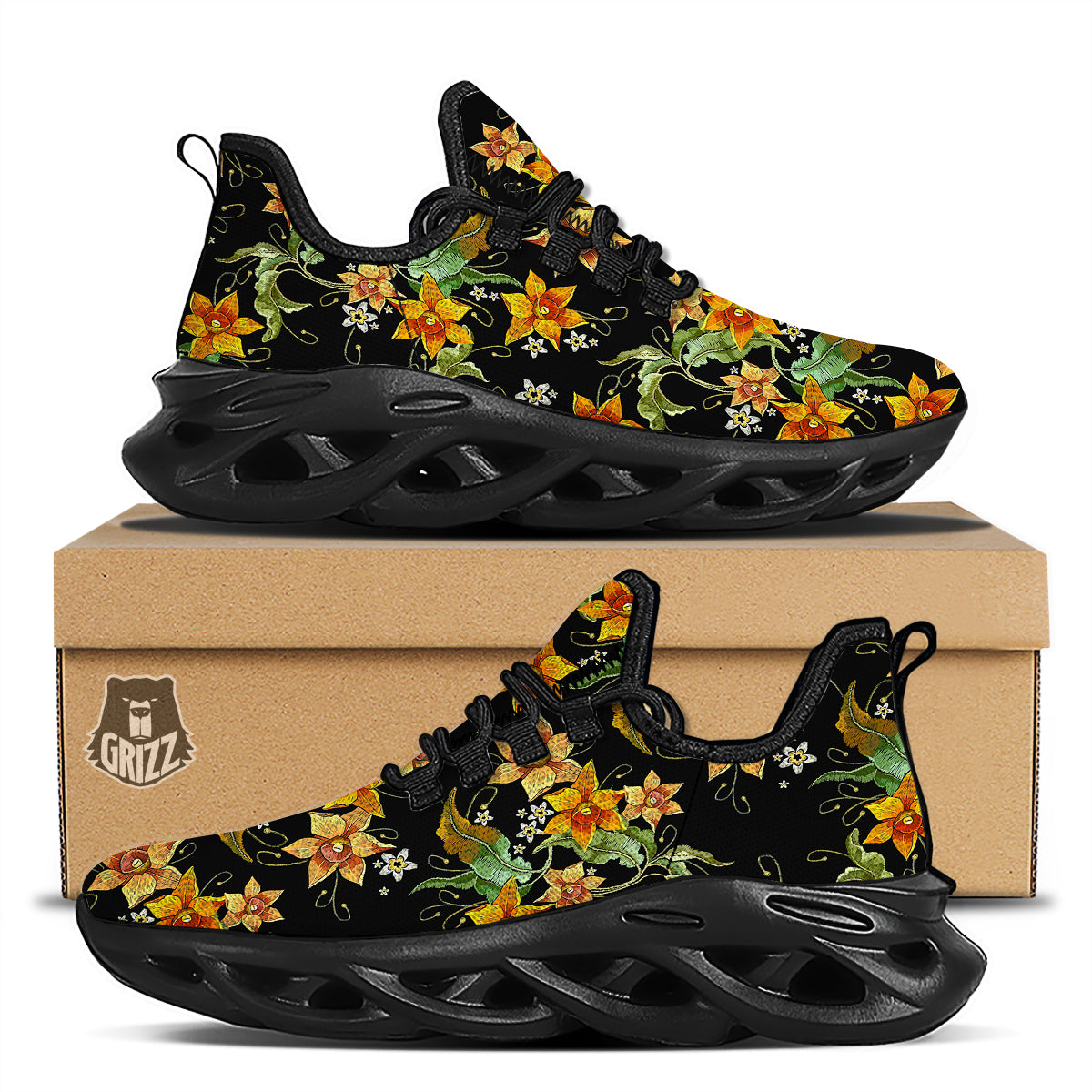 Flower Daffodil Vintage Print Pattern Black Running Shoes-grizzshop