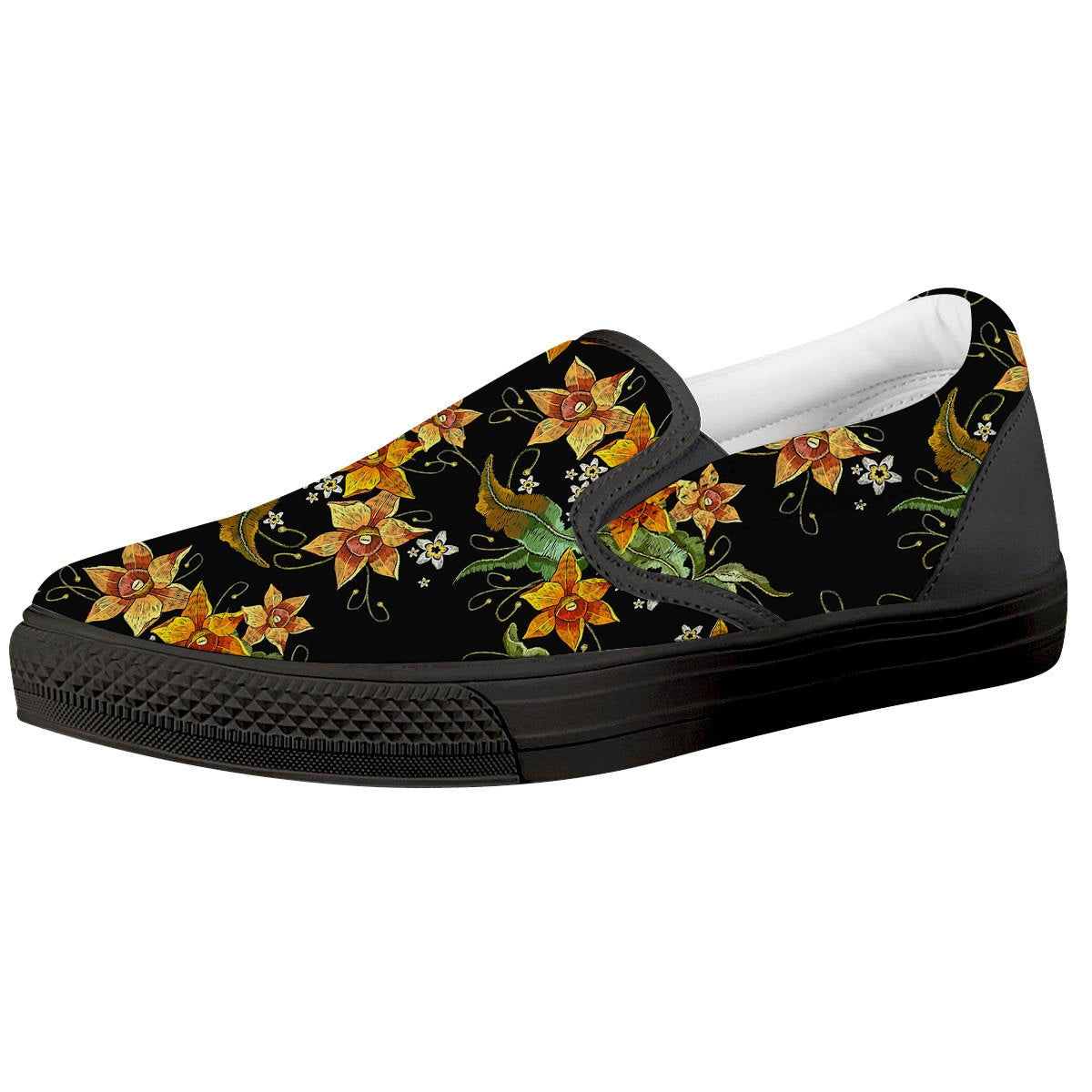 Flower Daffodil Vintage Print Pattern Black Slip On Shoes-grizzshop