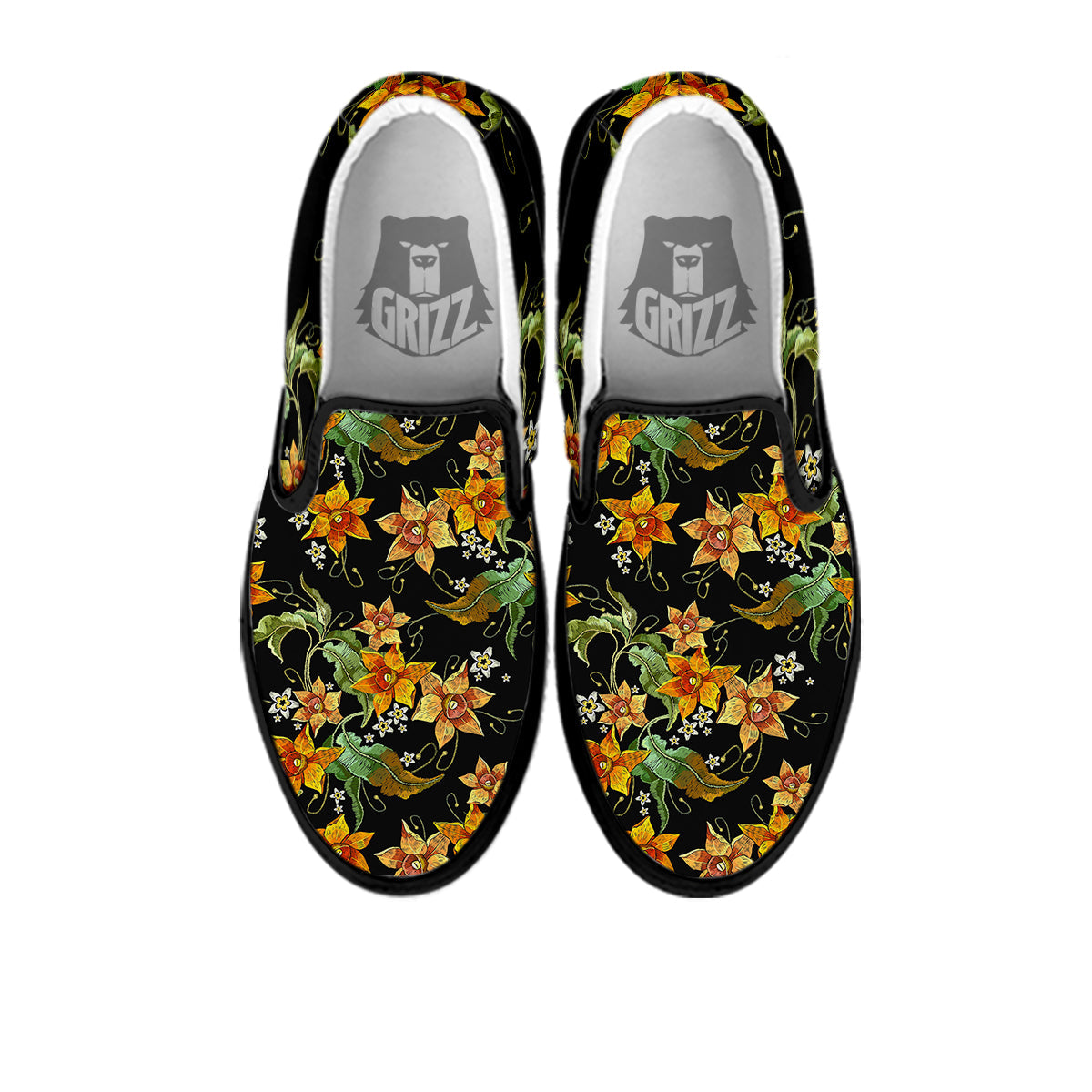 Flower Daffodil Vintage Print Pattern Black Slip On Shoes-grizzshop