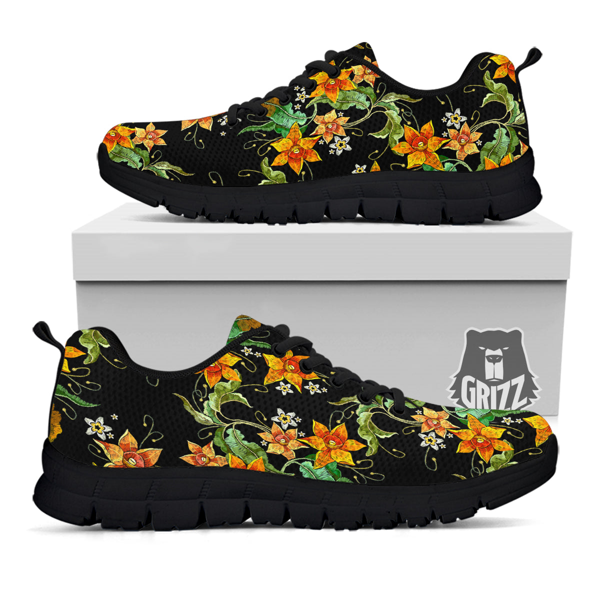 Flower Daffodil Vintage Print Pattern Black Sneaker-grizzshop