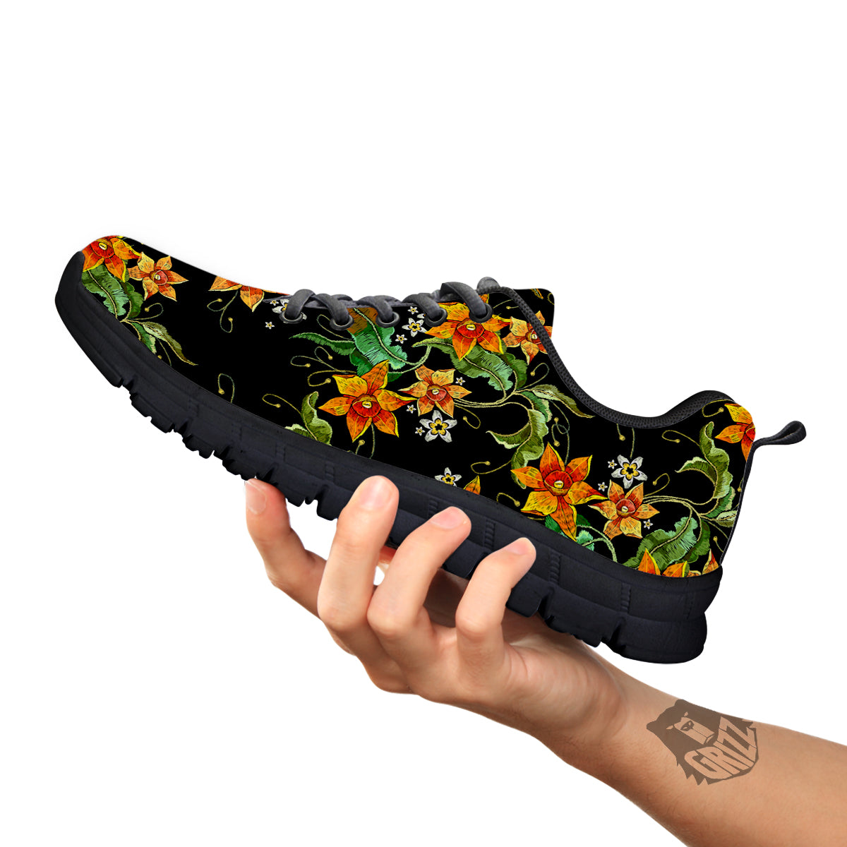 Flower Daffodil Vintage Print Pattern Black Sneaker-grizzshop