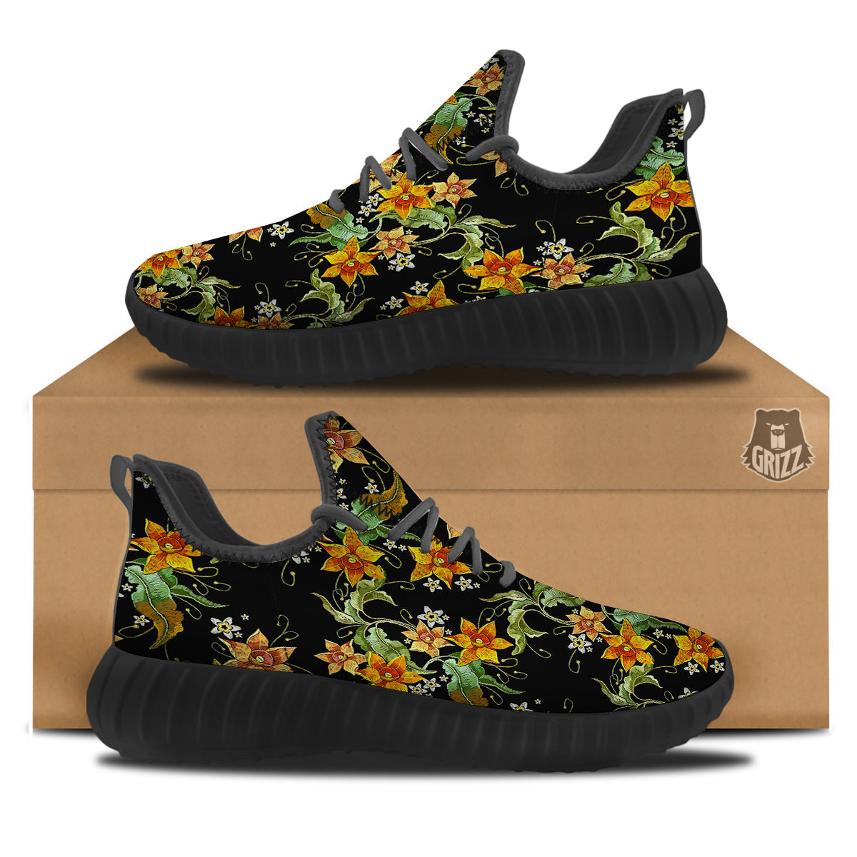 Flower Daffodil Vintage Print Pattern Black Walking Shoes-grizzshop
