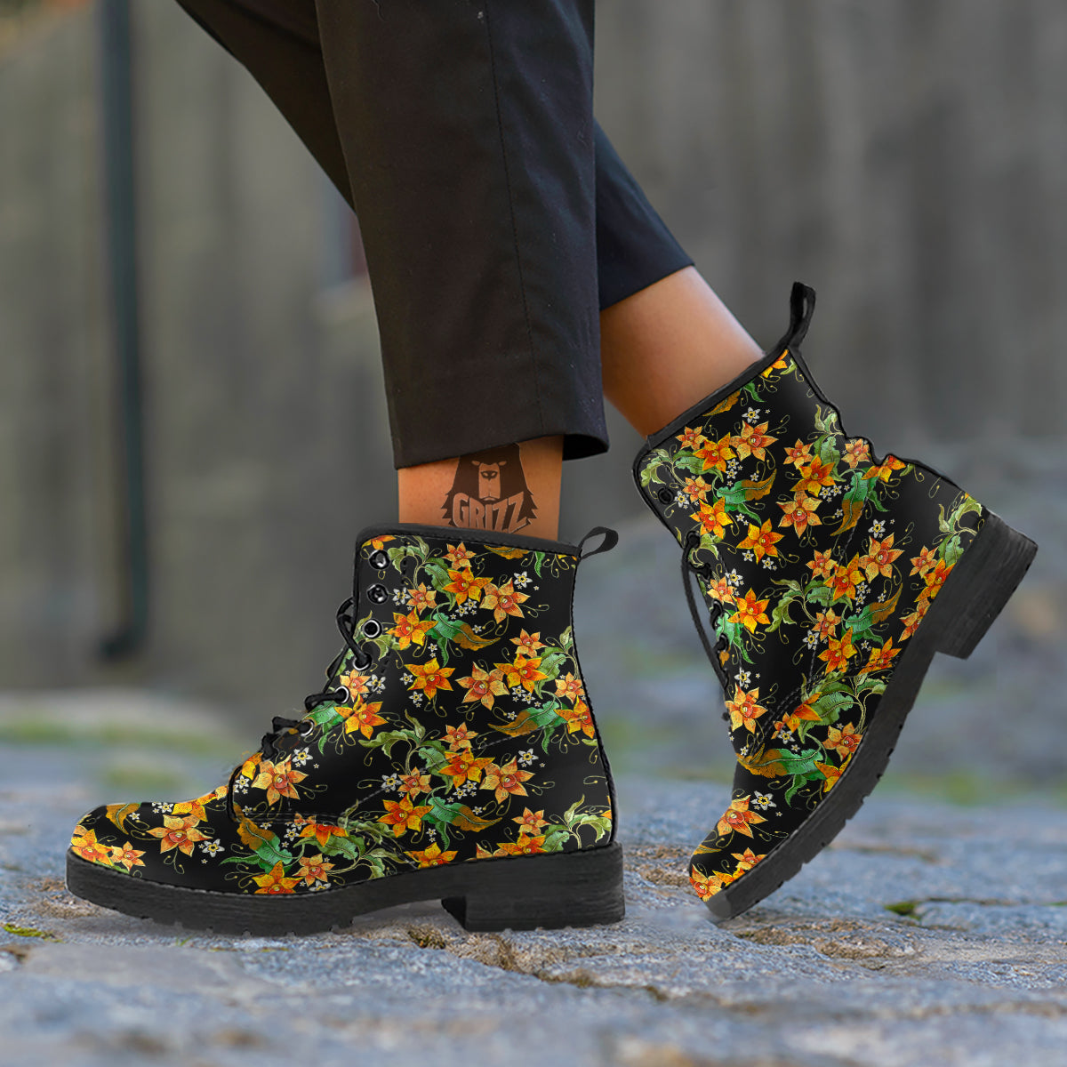 Flower Daffodil Vintage Print Pattern Leather Boots-grizzshop