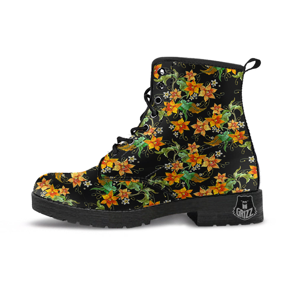 Flower Daffodil Vintage Print Pattern Leather Boots-grizzshop