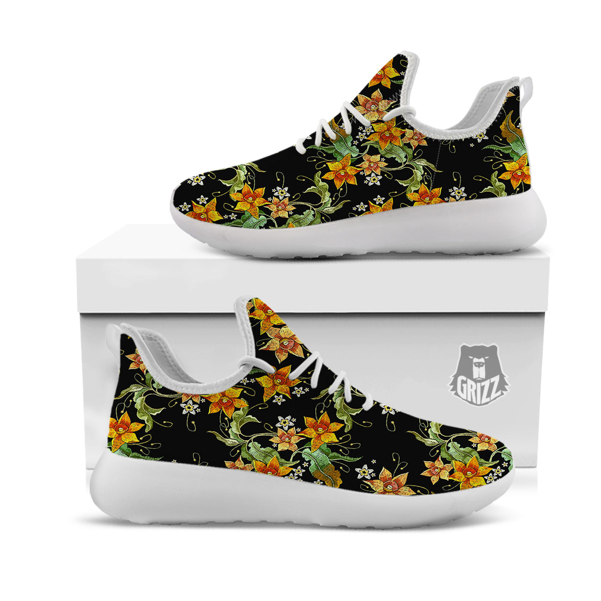 Flower Daffodil Vintage Print Pattern White Athletic Shoes-grizzshop
