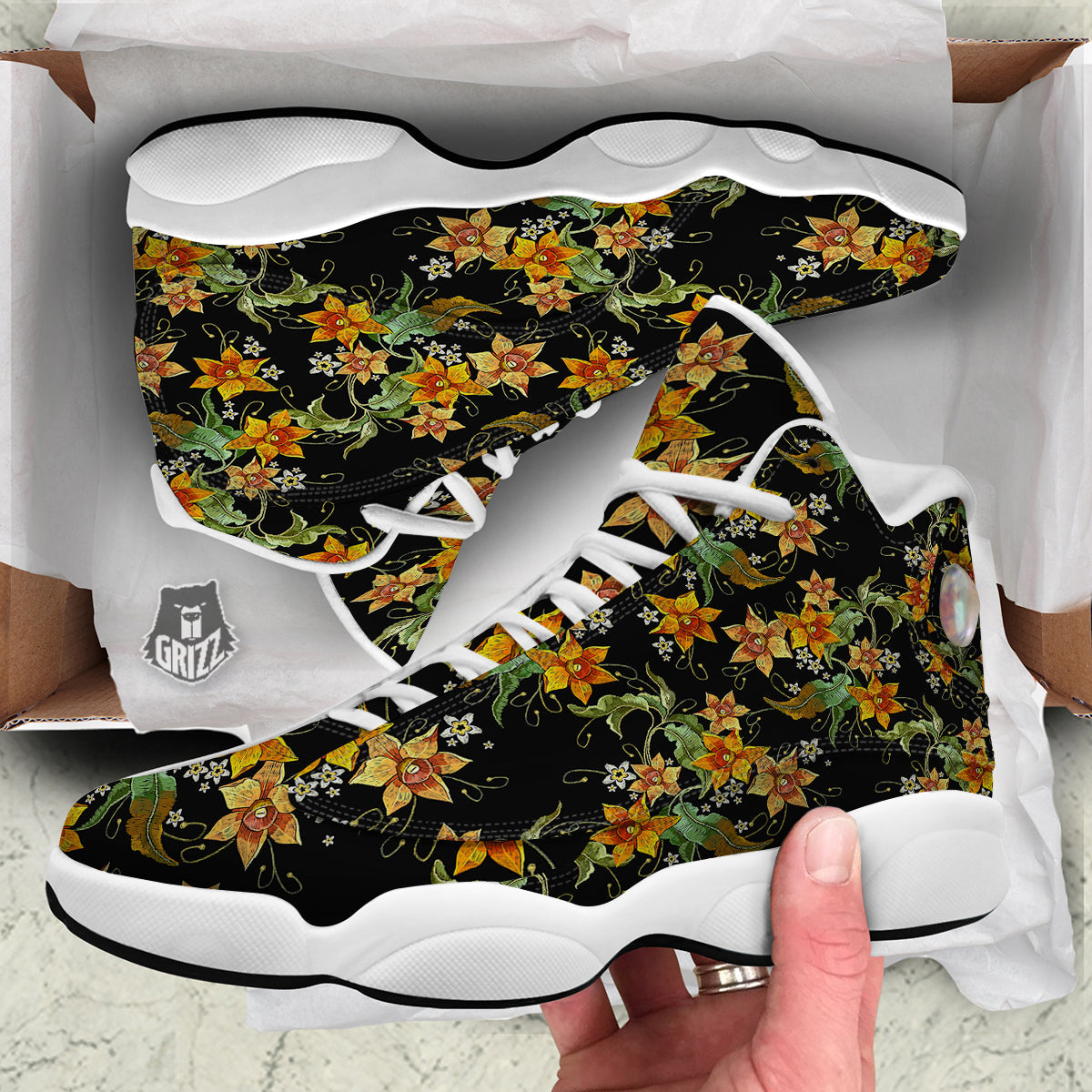 Flower Daffodil Vintage Print Pattern White Basketball Shoes-grizzshop