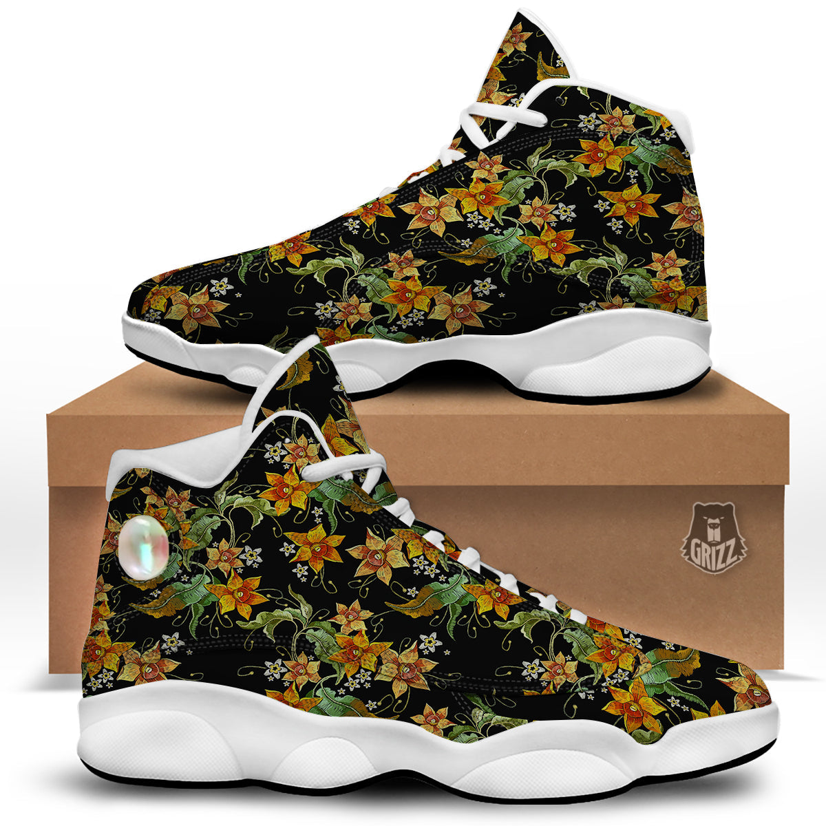 Flower Daffodil Vintage Print Pattern White Basketball Shoes-grizzshop