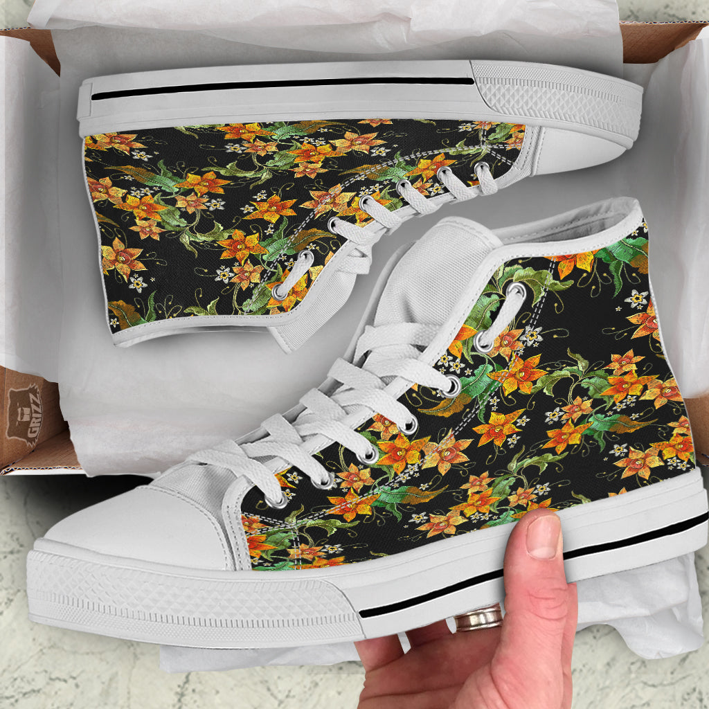 Flower Daffodil Vintage Print Pattern White High Top Shoes-grizzshop