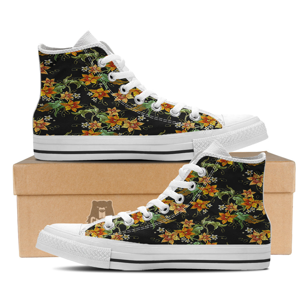 Flower Daffodil Vintage Print Pattern White High Top Shoes-grizzshop