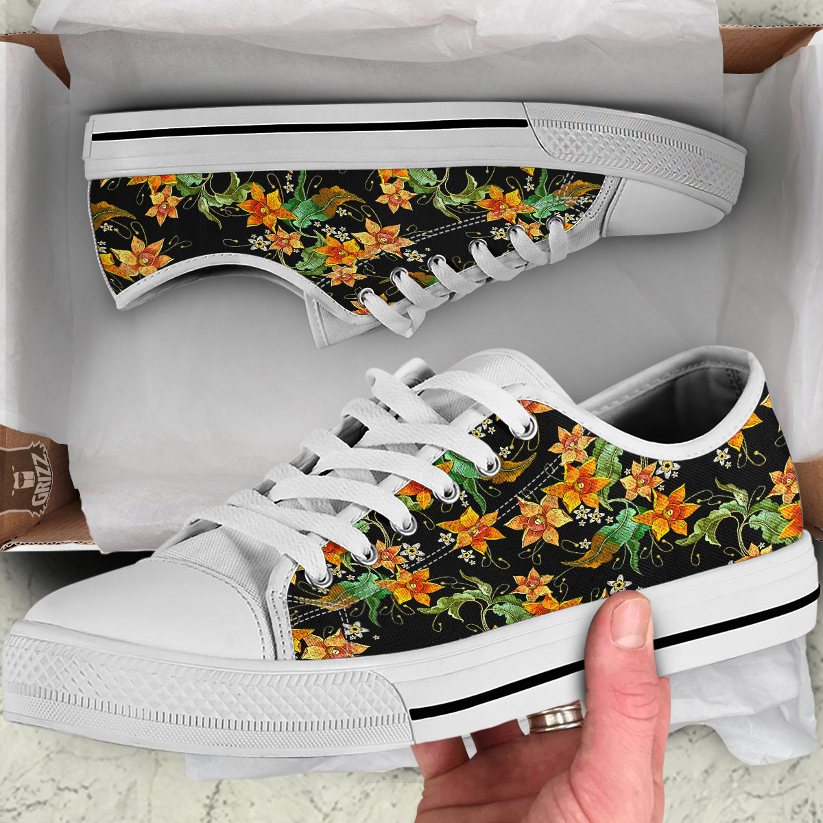 Flower Daffodil Vintage Print Pattern White Low Top Shoes-grizzshop