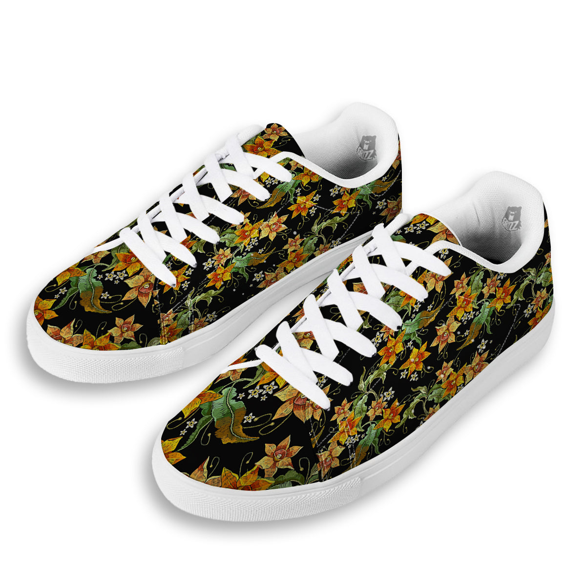 Flower Daffodil Vintage Print Pattern White Low Top Sneakers-grizzshop