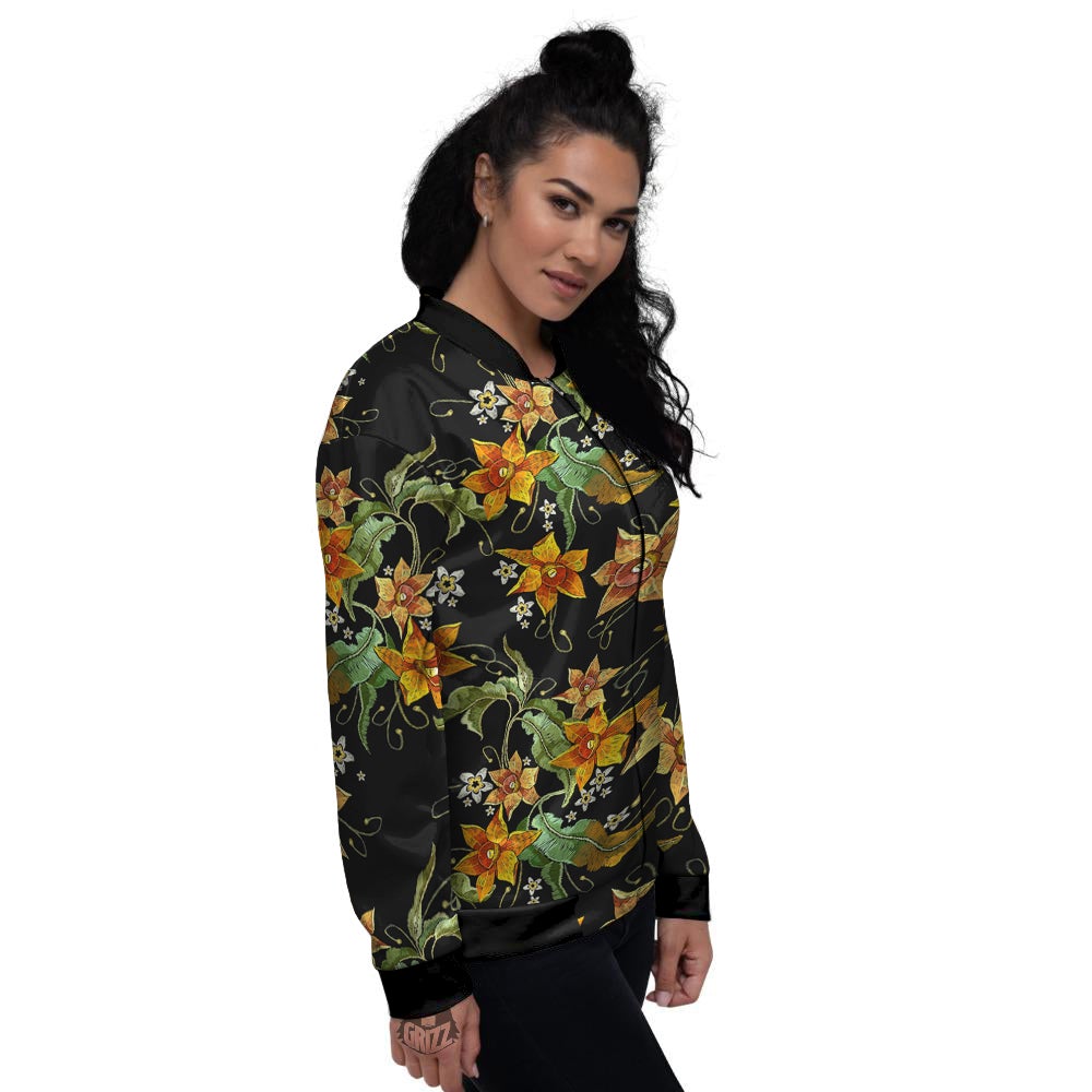 Flower Daffodil Vintage Print Pattern Women's Bomber Jacket-grizzshop