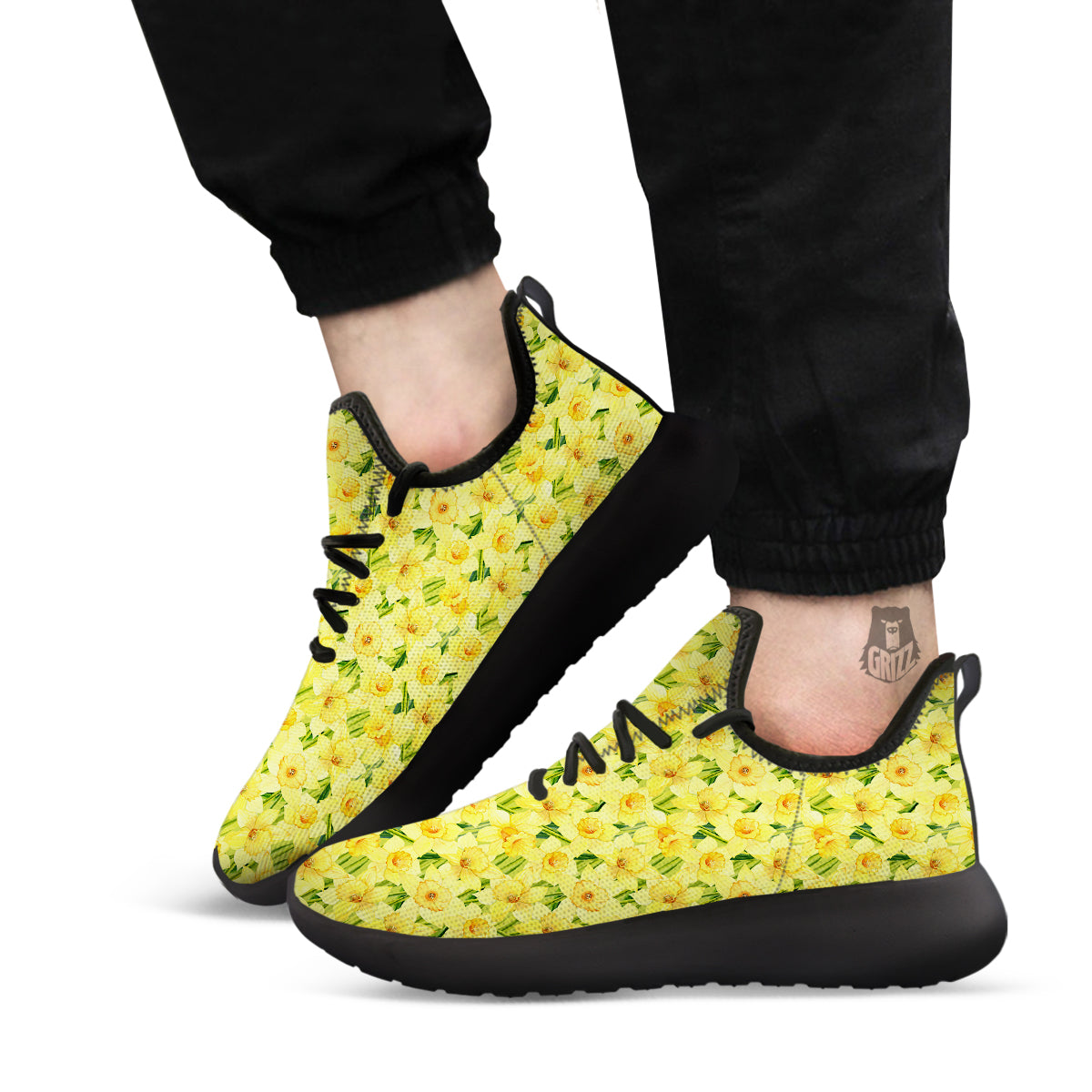 Flower Daffodil Watercolor Print Pattern Black Athletic Shoes-grizzshop