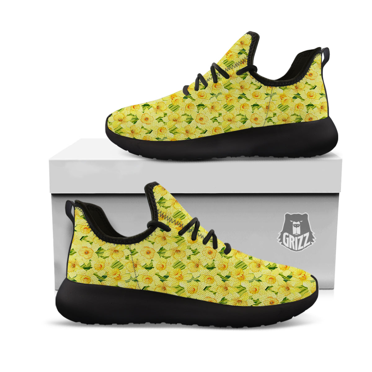 Flower Daffodil Watercolor Print Pattern Black Athletic Shoes-grizzshop