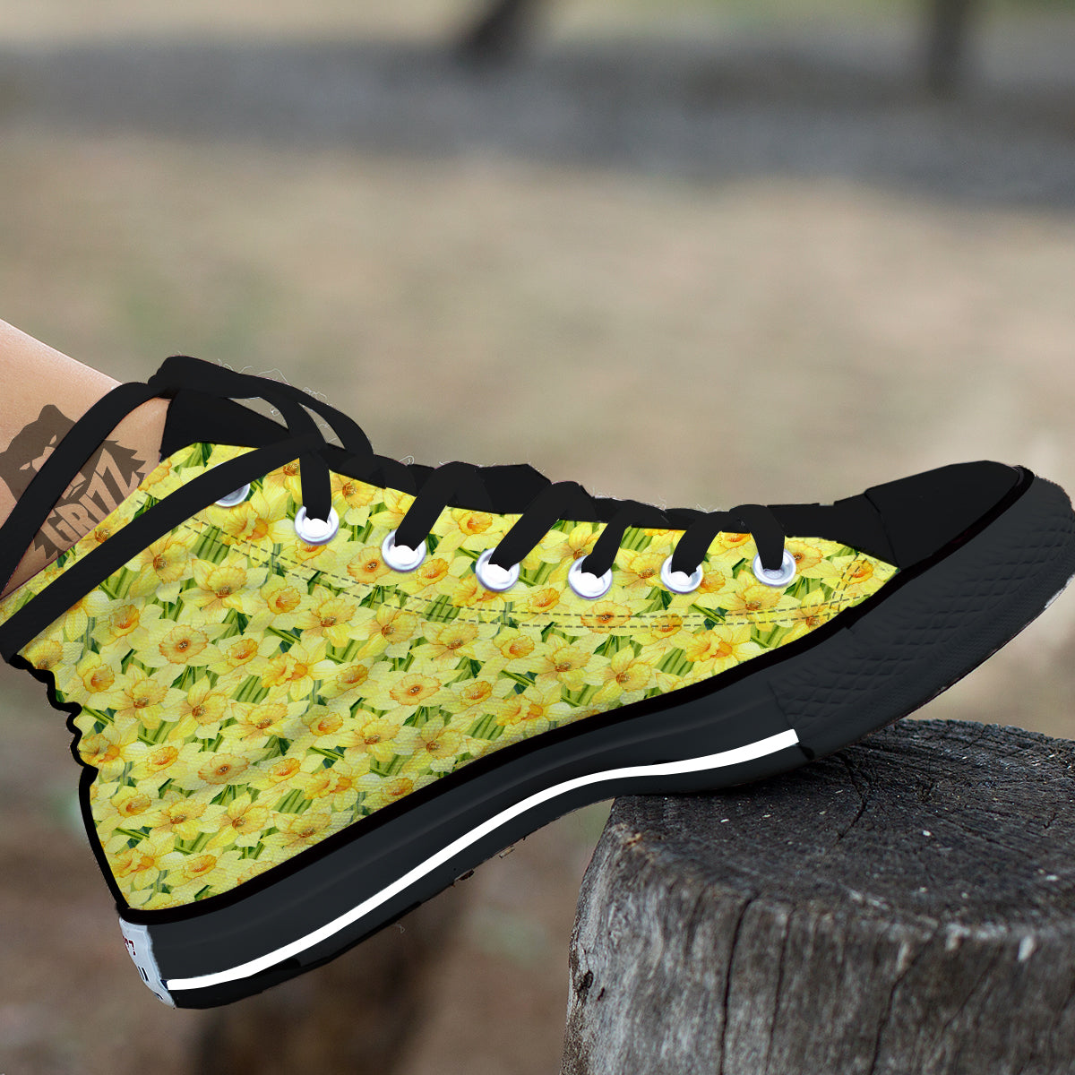 Flower Daffodil Watercolor Print Pattern Black High Top Shoes-grizzshop