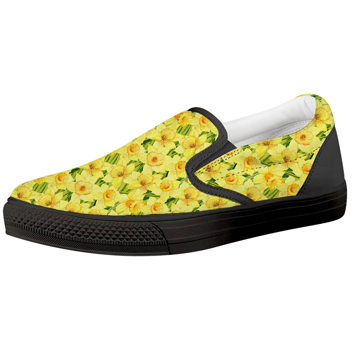 Flower Daffodil Watercolor Print Pattern Black Slip On Shoes-grizzshop
