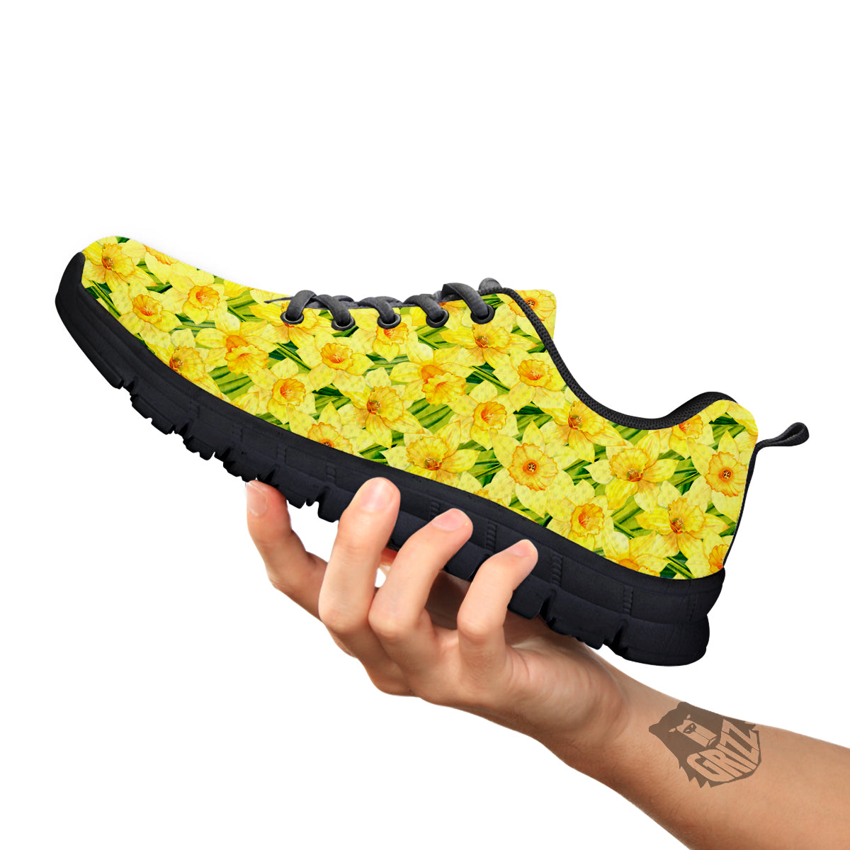 Flower Daffodil Watercolor Print Pattern Black Sneaker-grizzshop