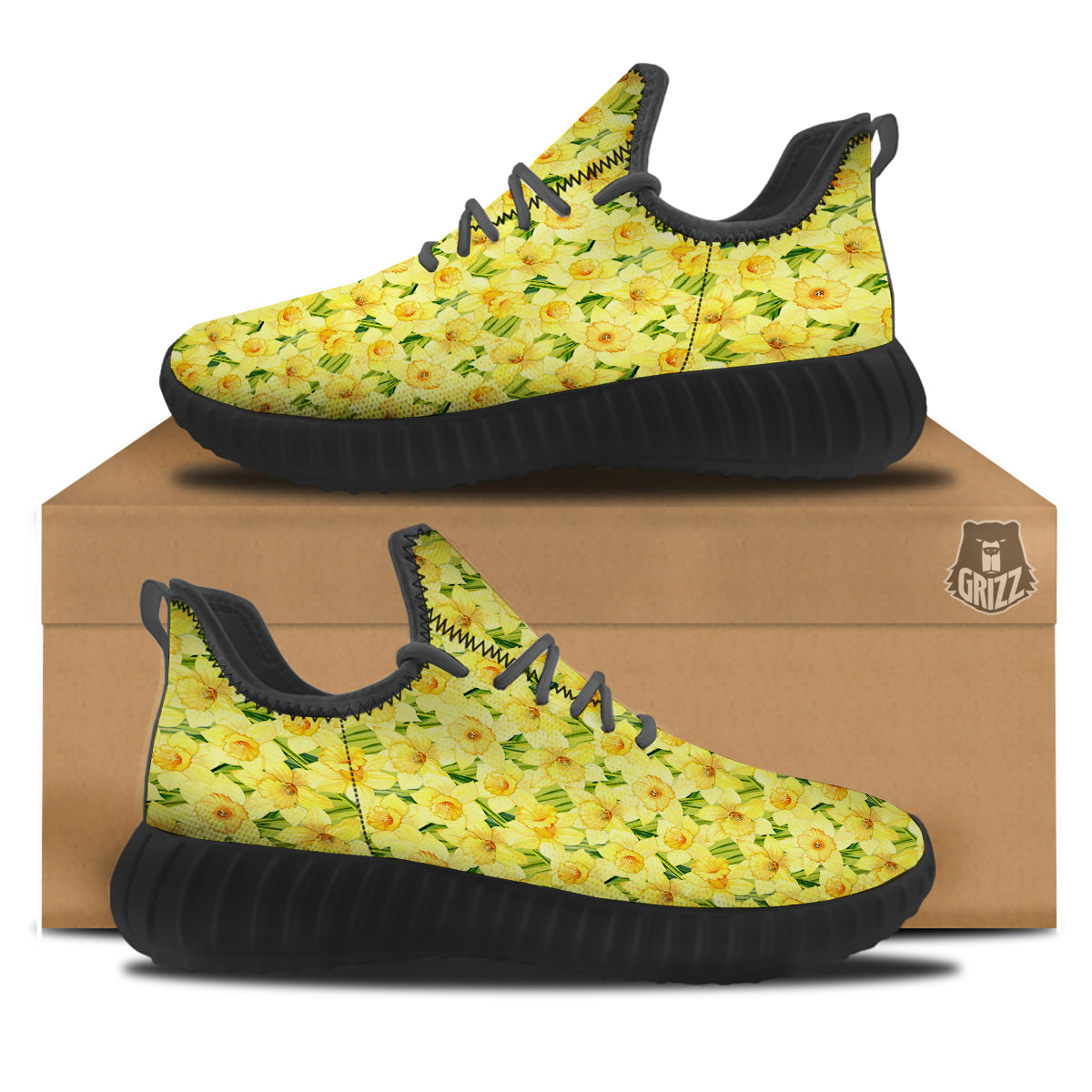 Flower Daffodil Watercolor Print Pattern Black Walking Shoes-grizzshop
