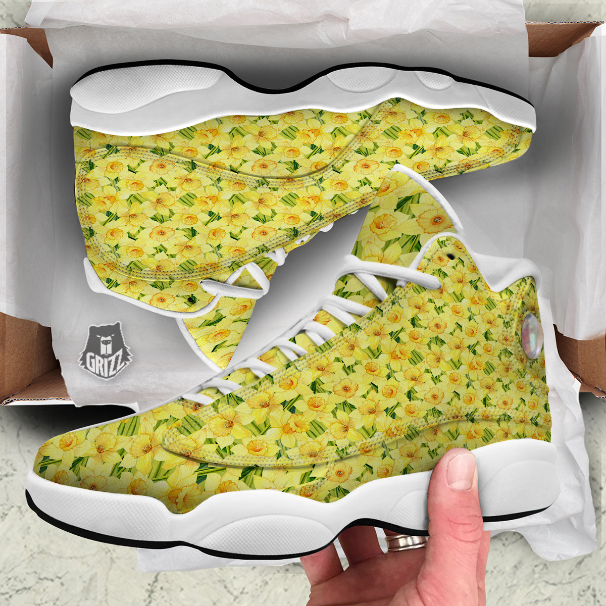 Flower Daffodil Watercolor Print Pattern White Basketball Shoes-grizzshop