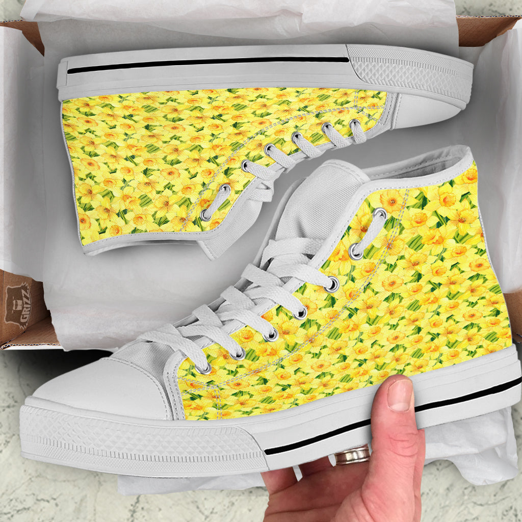 Flower Daffodil Watercolor Print Pattern White High Top Shoes-grizzshop