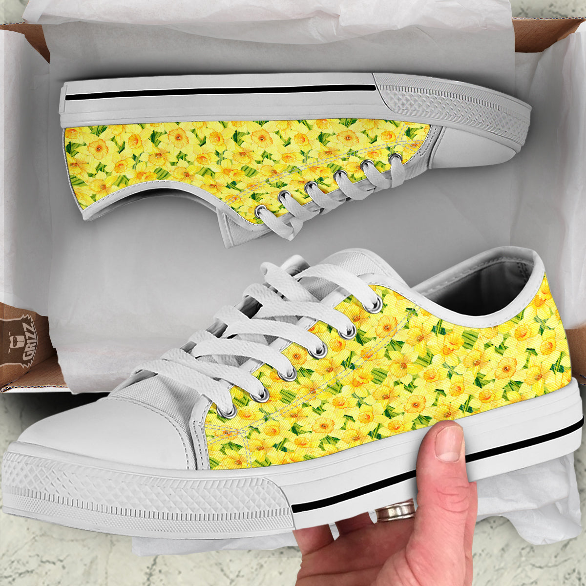 Flower Daffodil Watercolor Print Pattern White Low Top Shoes-grizzshop