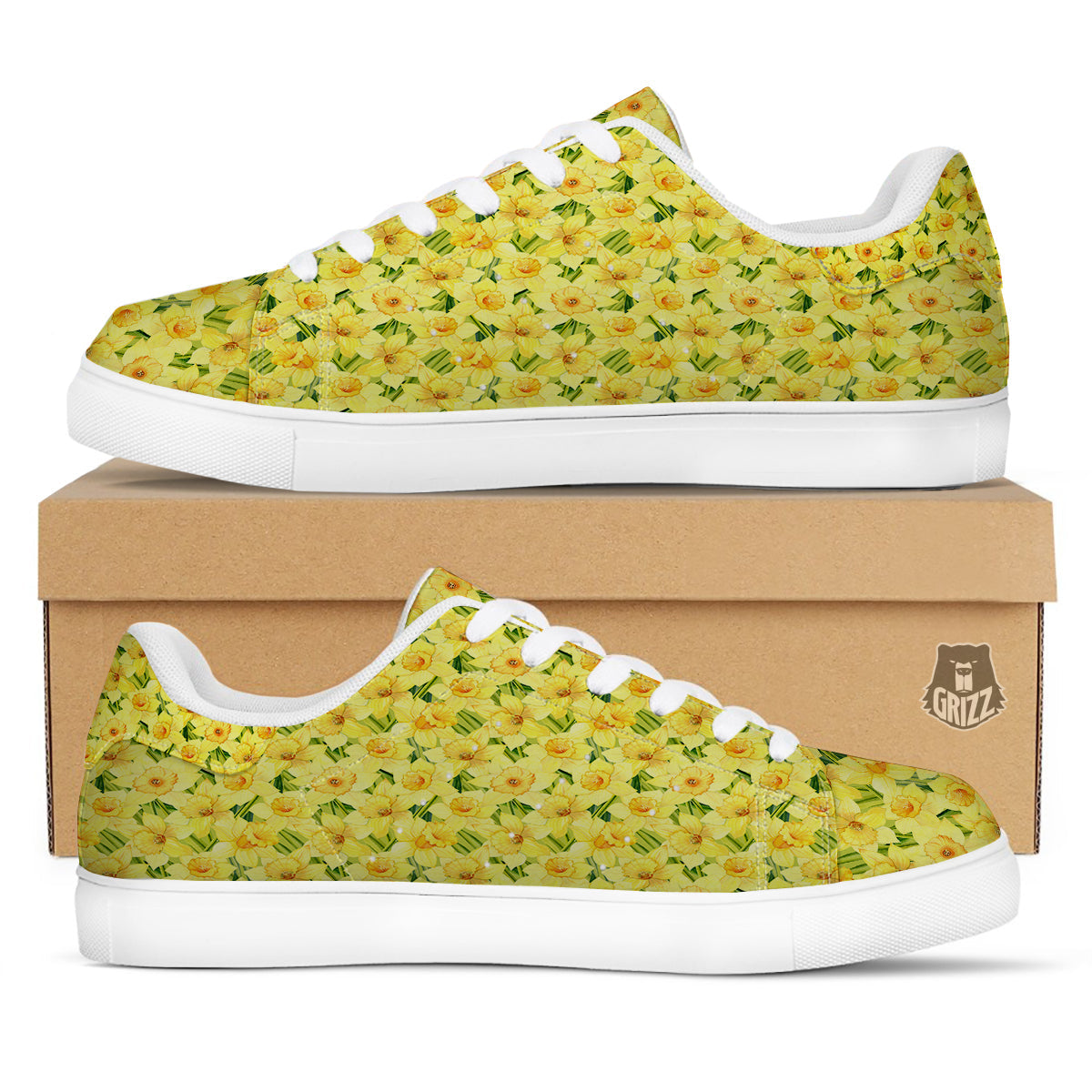 Flower Daffodil Watercolor Print Pattern White Low Top Sneakers-grizzshop